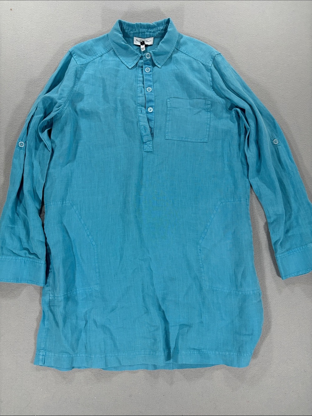 Michael Stars Teal Long-Sleeve Buttoned Shirt dress Tunic M Pockets linen
